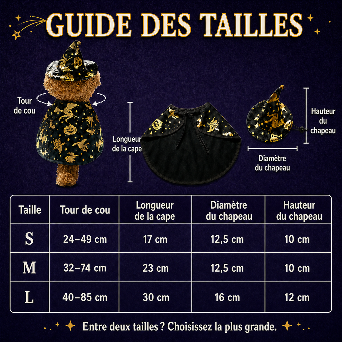 🧙 Style ensorcelant pour animal : cape et chapeau de sorcier noirs et dorés 🎃