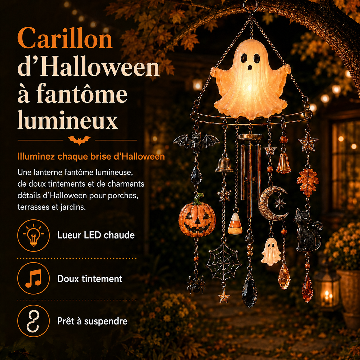 🔥 Offre de lancement 🎃 -50 % — 👻 Carillon fantôme lumineux d’Halloween – Décoration de jardin ensorcelante à l’éclat nocturne magique