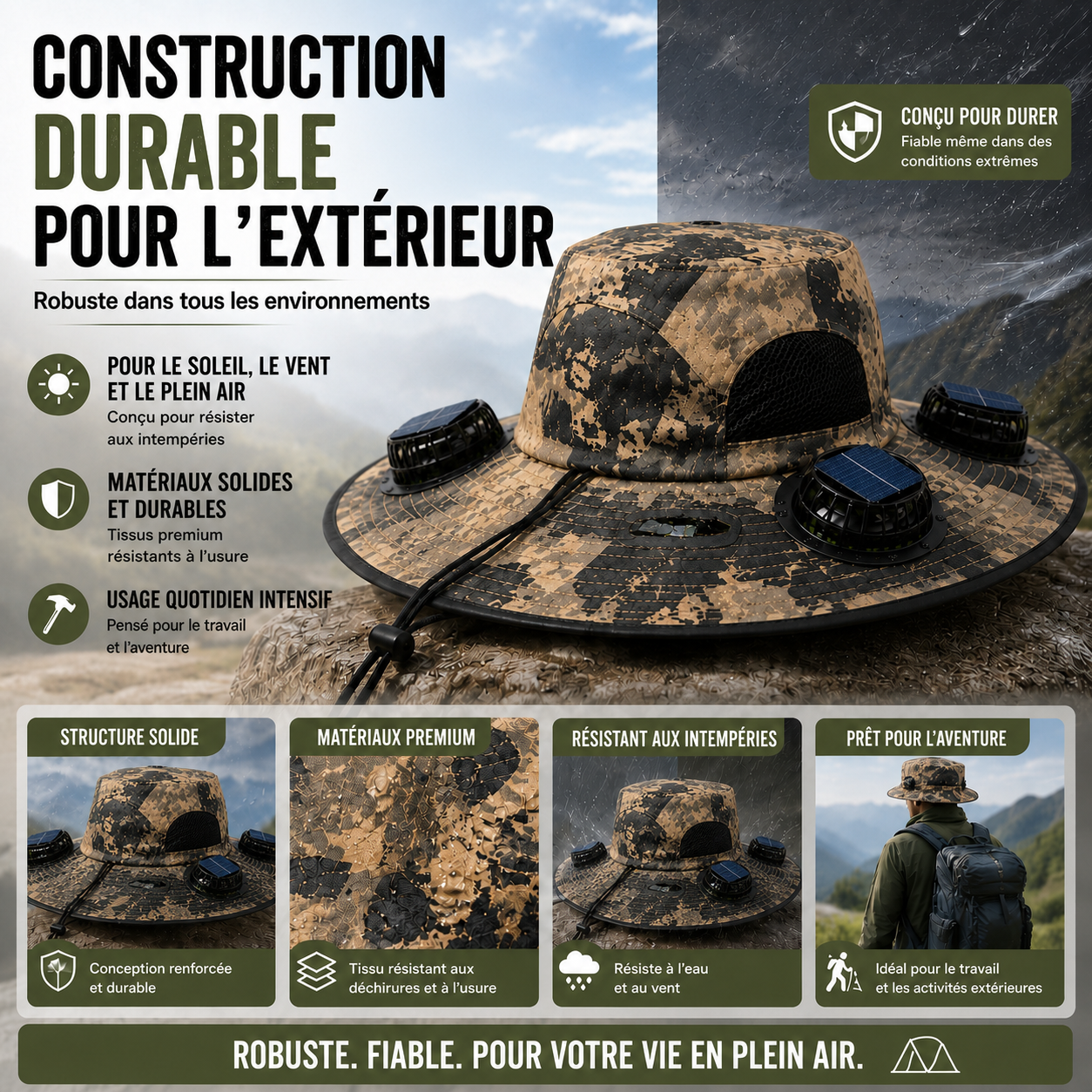 Chapeau solaire ventilé à 3 ventilateurs