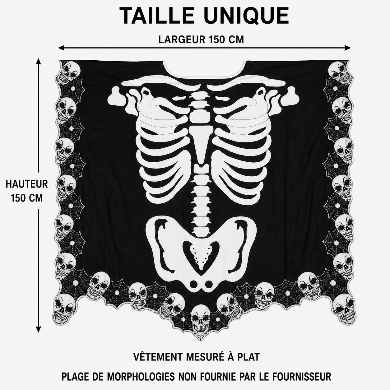Cape poncho squelette noire et blanche pour Halloween