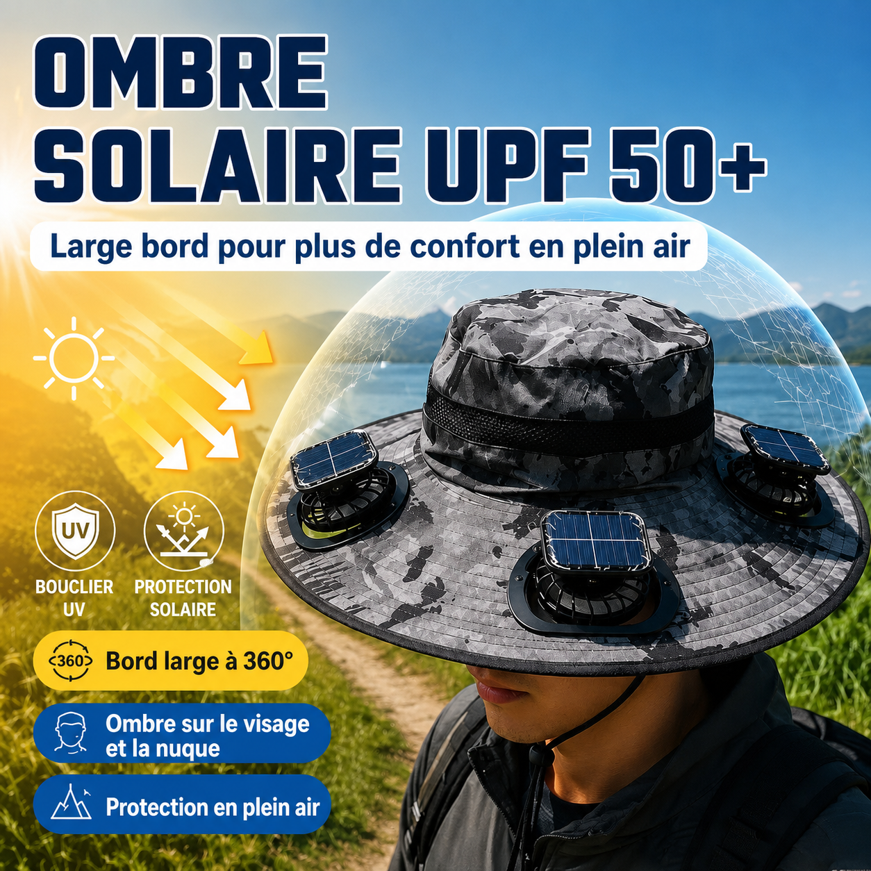 Chapeau solaire ventilé à 3 ventilateurs