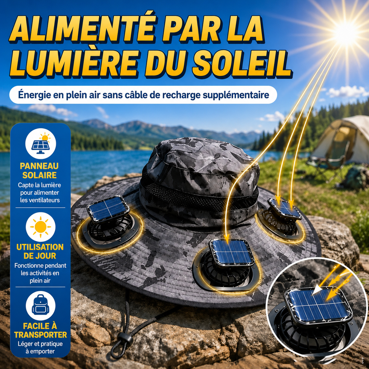Chapeau solaire ventilé à 3 ventilateurs