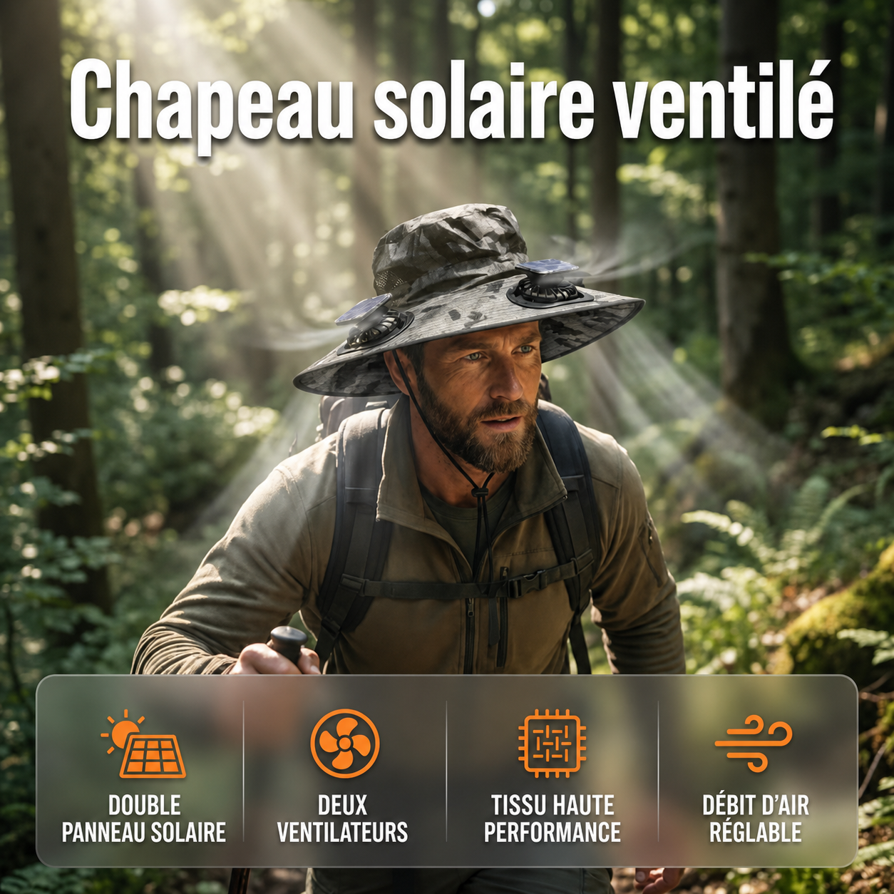 Chapeau solaire ventilé à 3 ventilateurs