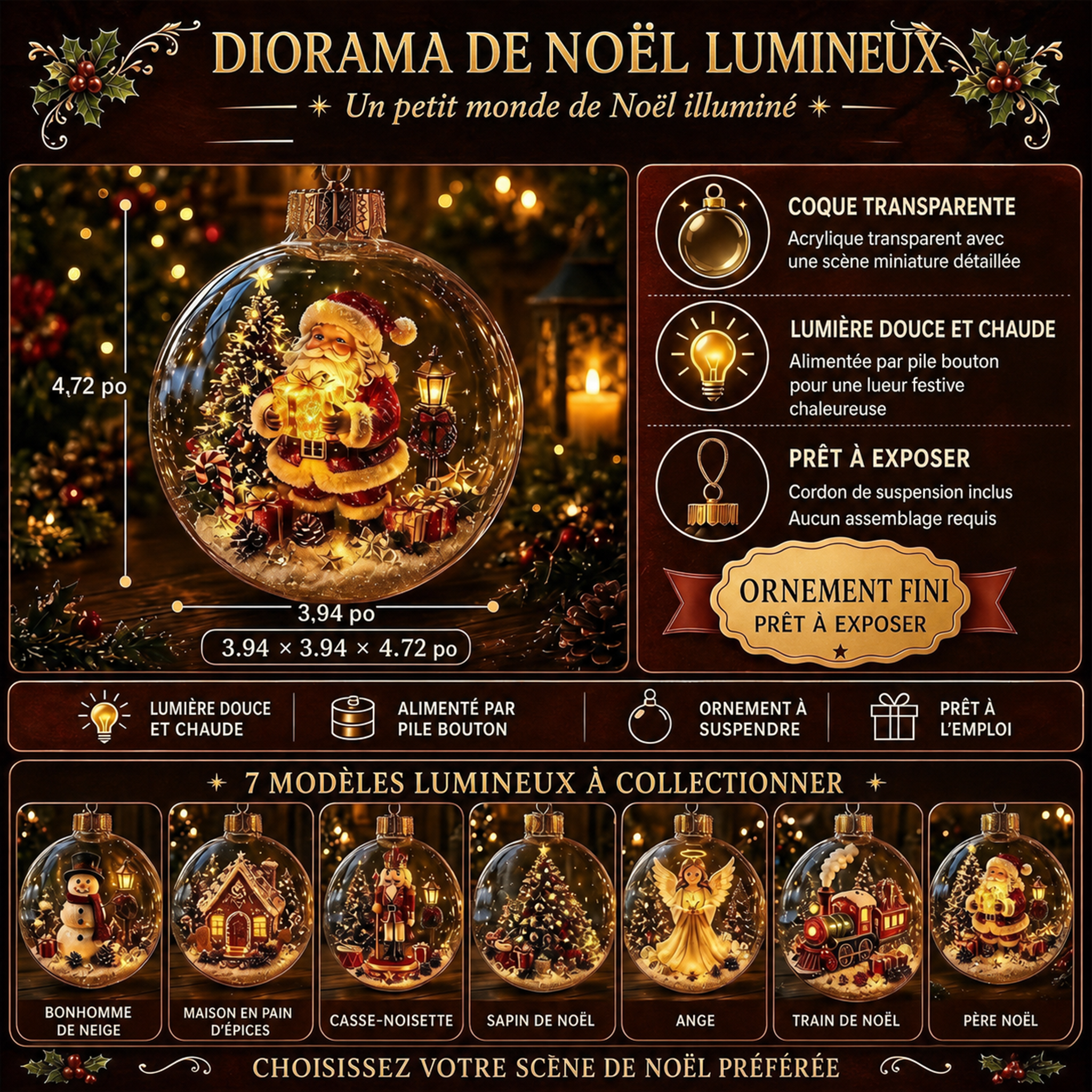 Ornement diorama lumineux de Noël – scène miniature