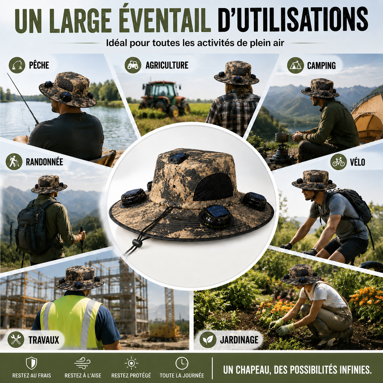 Chapeau solaire ventilé à 3 ventilateurs
