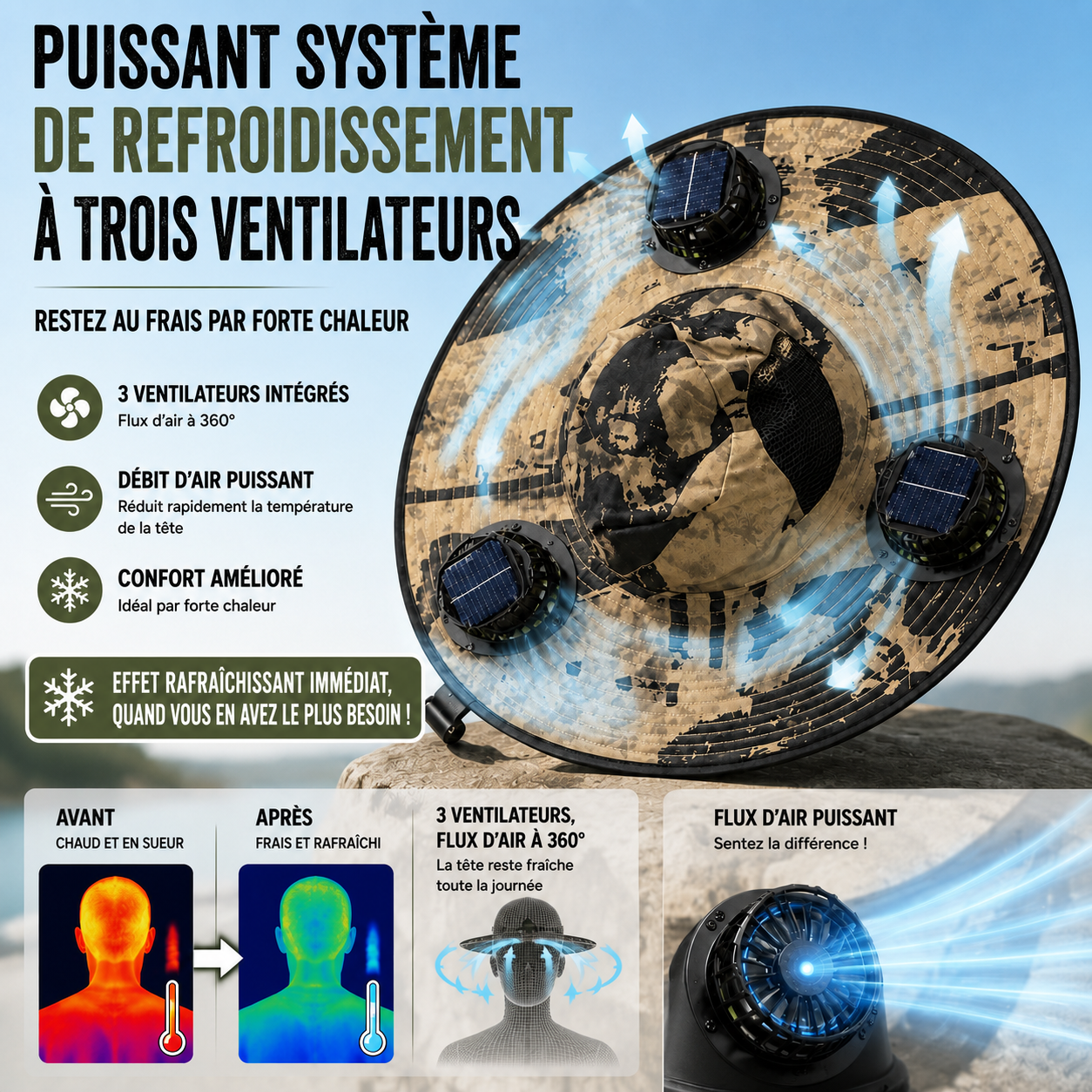 Chapeau solaire ventilé à 3 ventilateurs