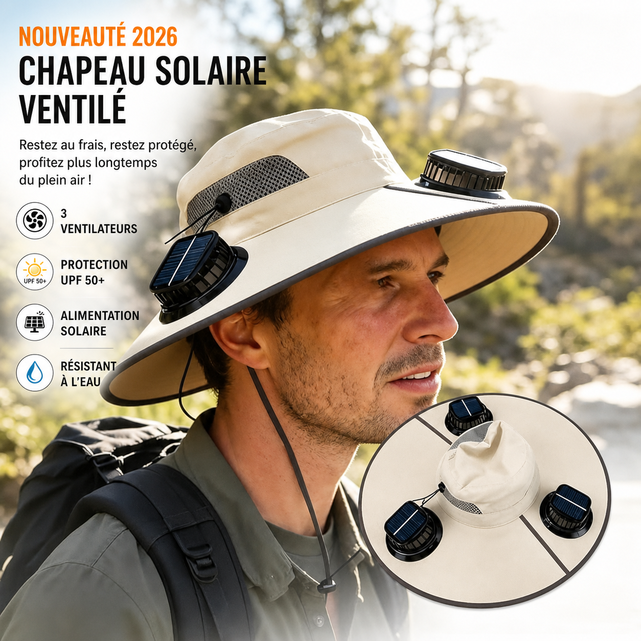 Chapeau solaire ventilé à 3 ventilateurs