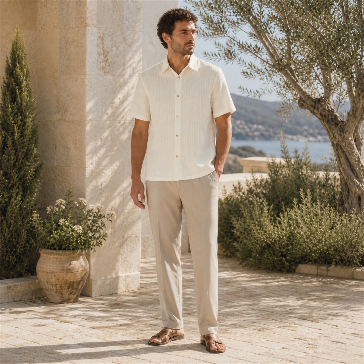 Texture estivale | Chemisette homme regular 100 % coton blanc