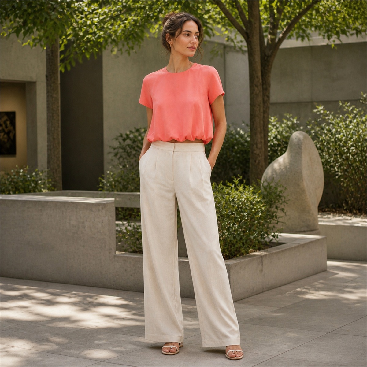 Éclat corail | Blouse femme crop évasée à bas ballon