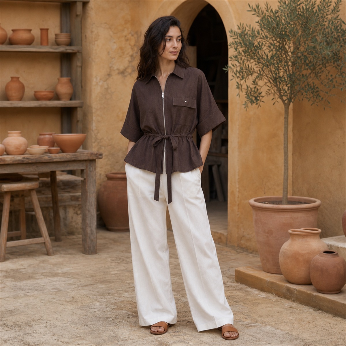 Élégance nouée | Blouse femme en lin mélangé marron