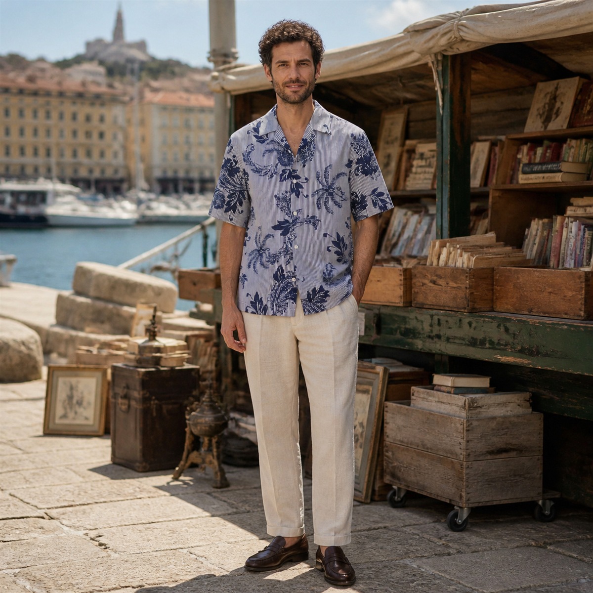 Imprimé estival | Chemise homme regular 100 % coton bleu encre