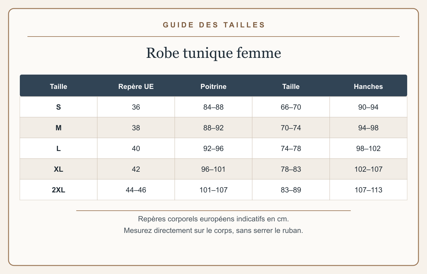 Guide français des tailles avec mesures en centimètres