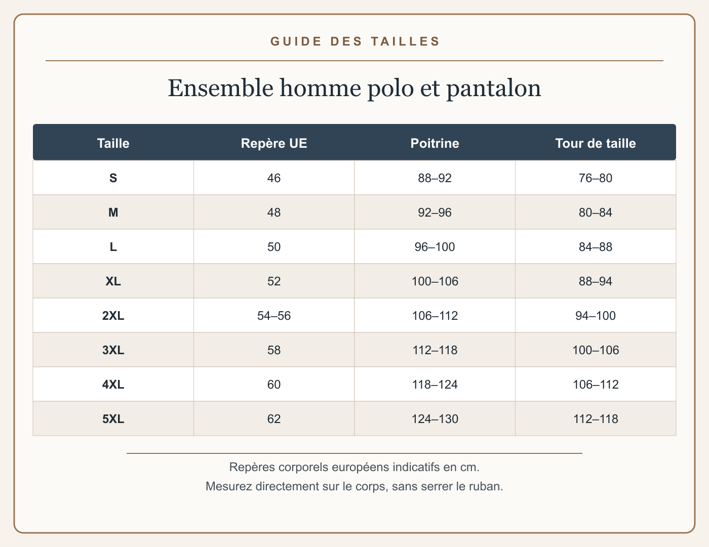 Guide français des tailles avec mesures en centimètres