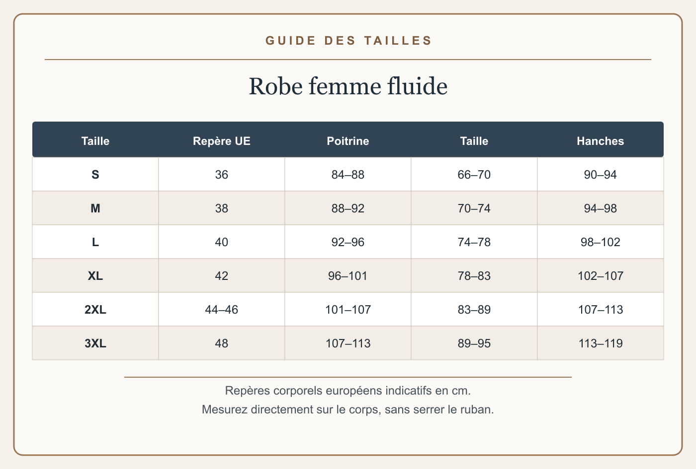 Guide français des tailles avec mesures en centimètres