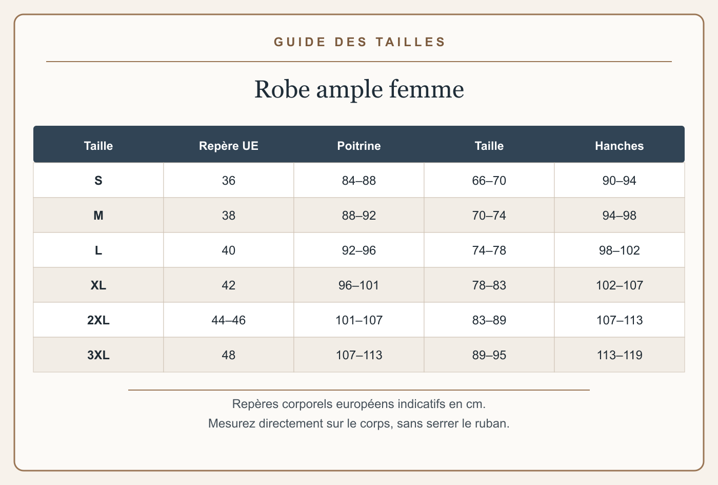 Guide français des tailles avec mesures en centimètres