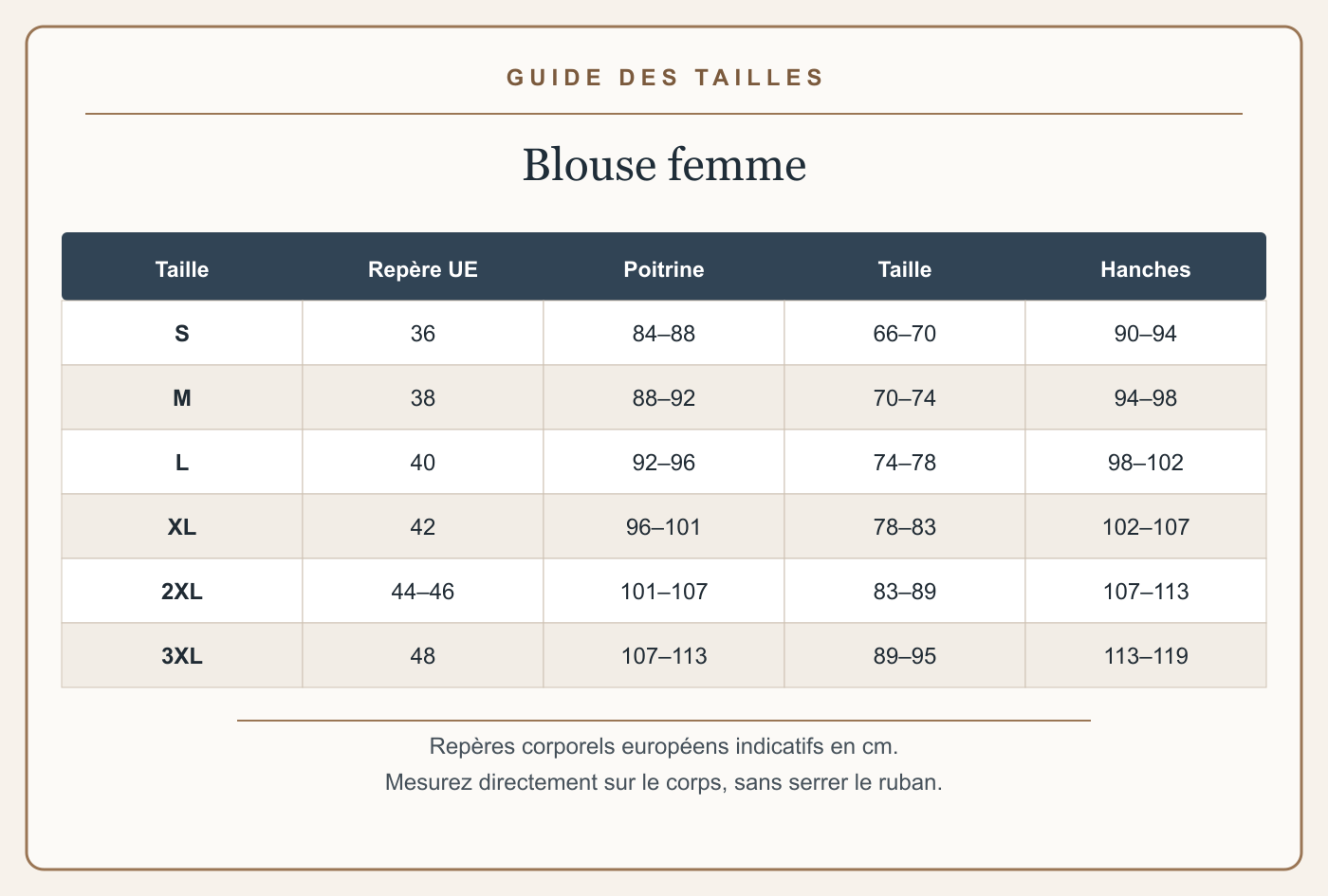 Guide français des tailles avec mesures en centimètres