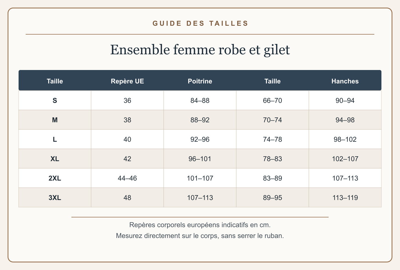 Guide français des tailles avec mesures en centimètres