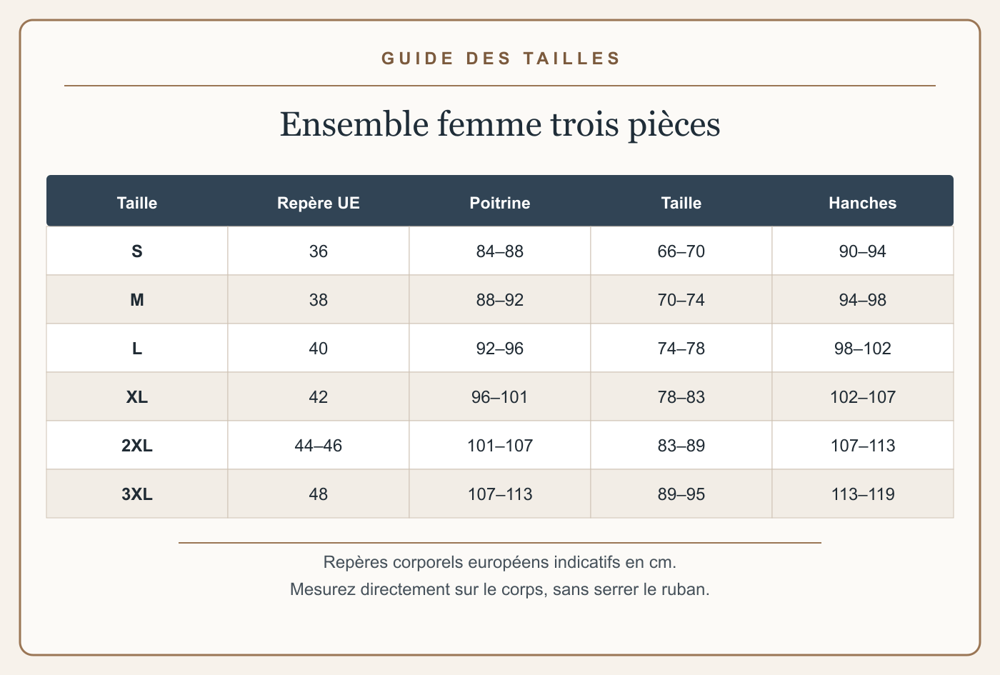 Guide français des tailles avec mesures en centimètres