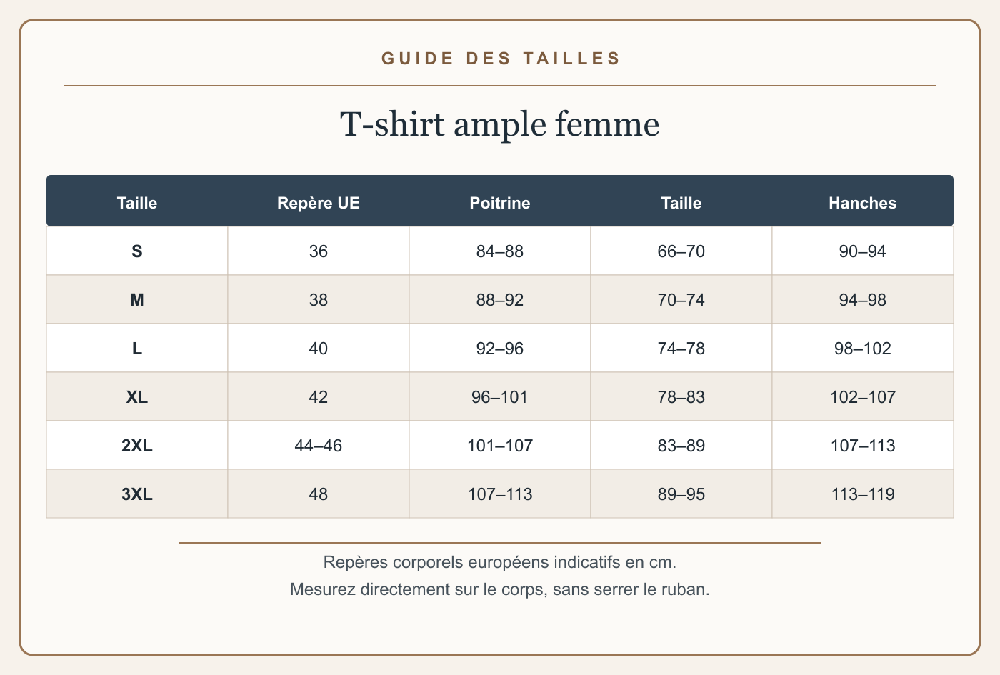 Guide français des tailles avec mesures en centimètres