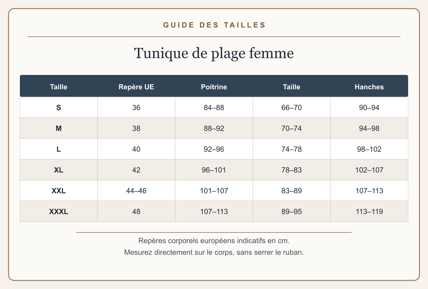 Guide français des tailles avec mesures en centimètres