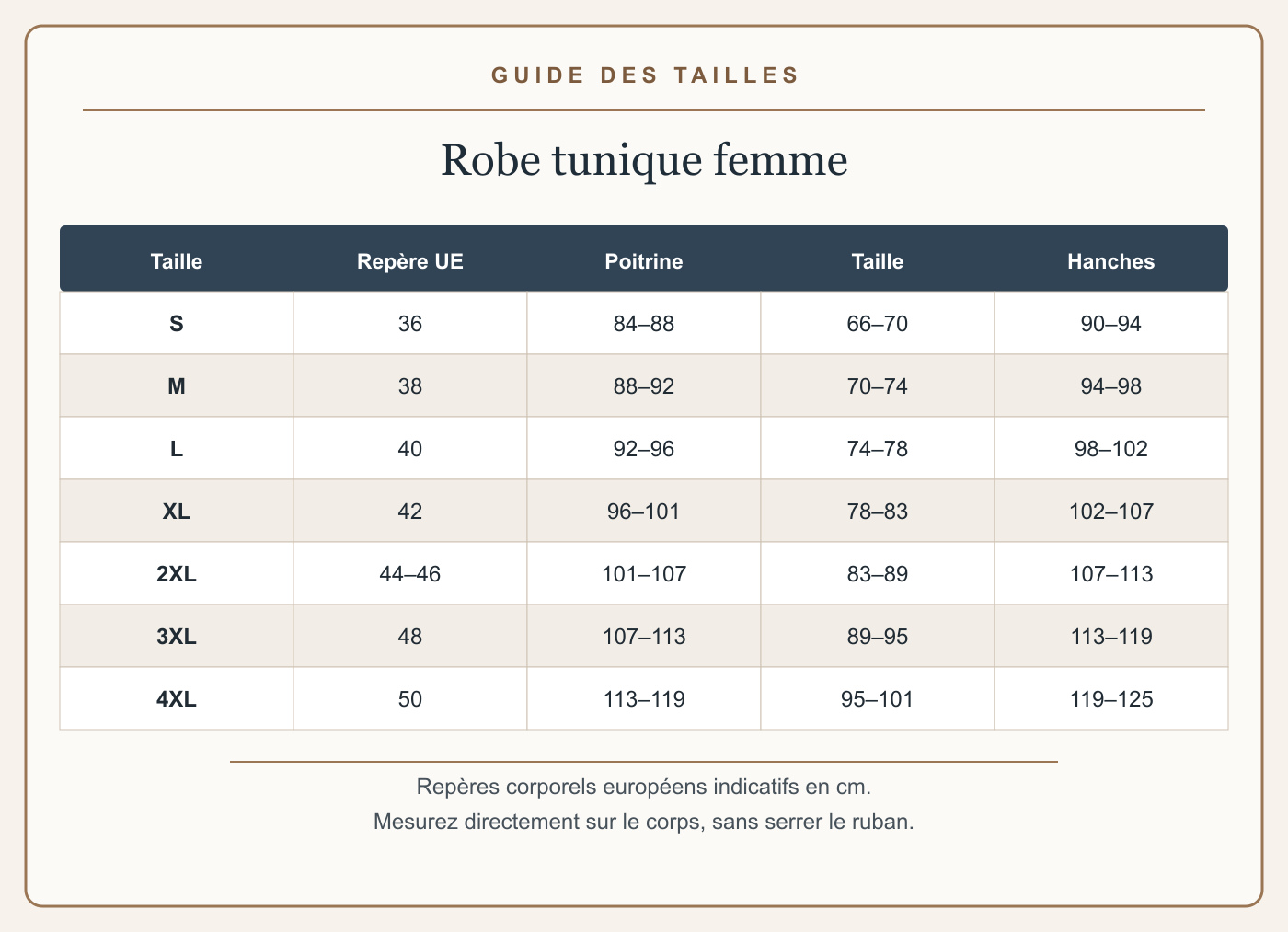 Guide français des tailles avec mesures en centimètres