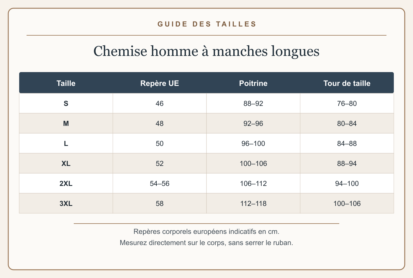 Guide français des tailles avec mesures en centimètres