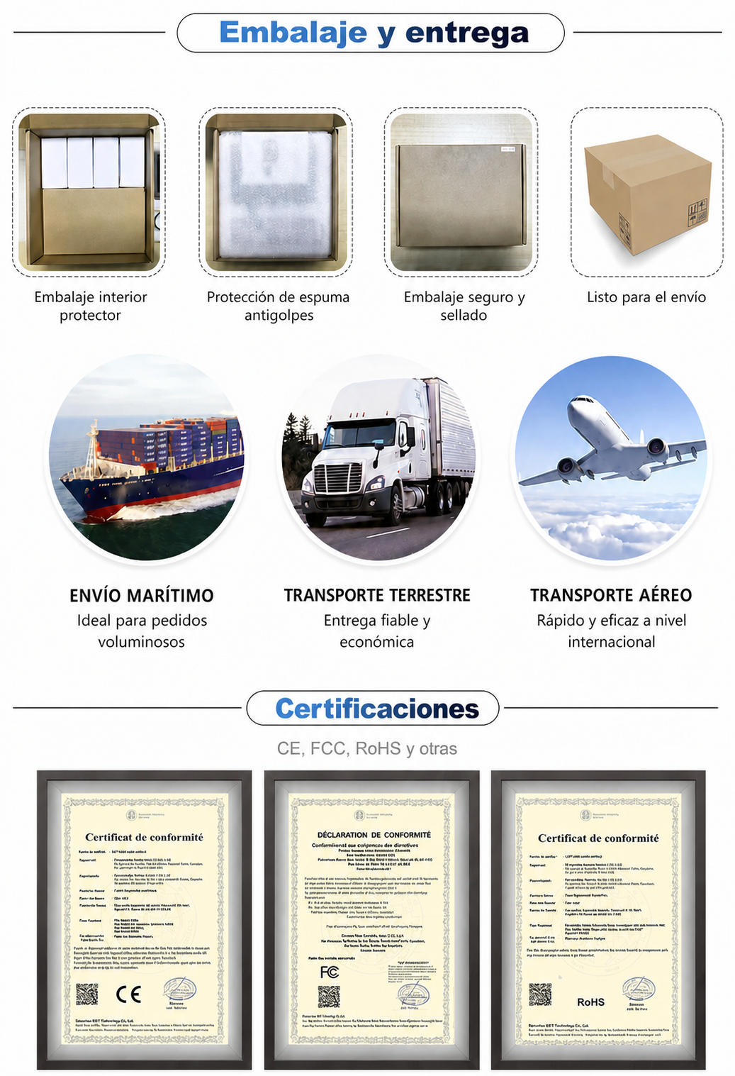 Embalaje, entrega y certificaciones