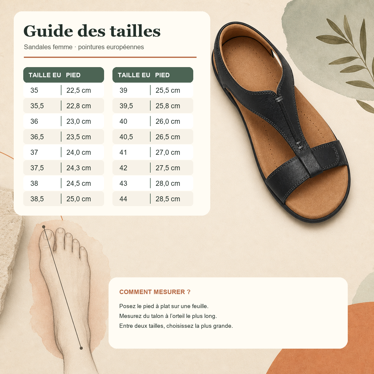 Guide des tailles europ&eacute;ennes EU 35 &agrave; 44 et m&eacute;thode de mesure du pied