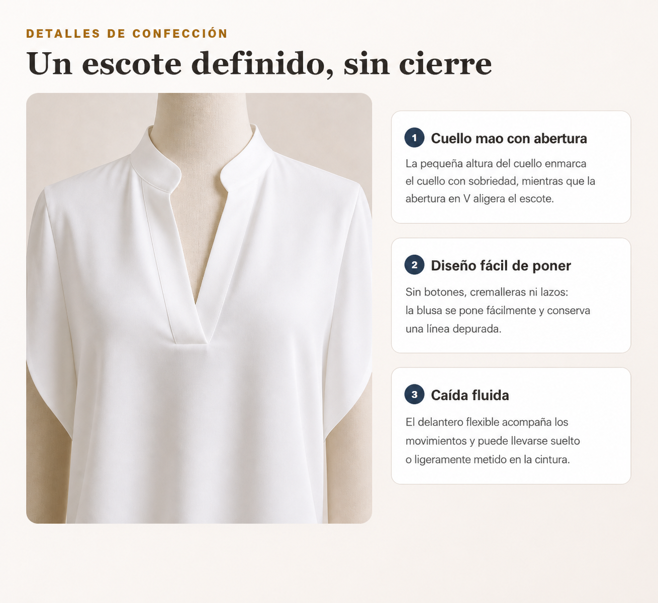 Détails du col fendu et du tombé fluide de la blouse