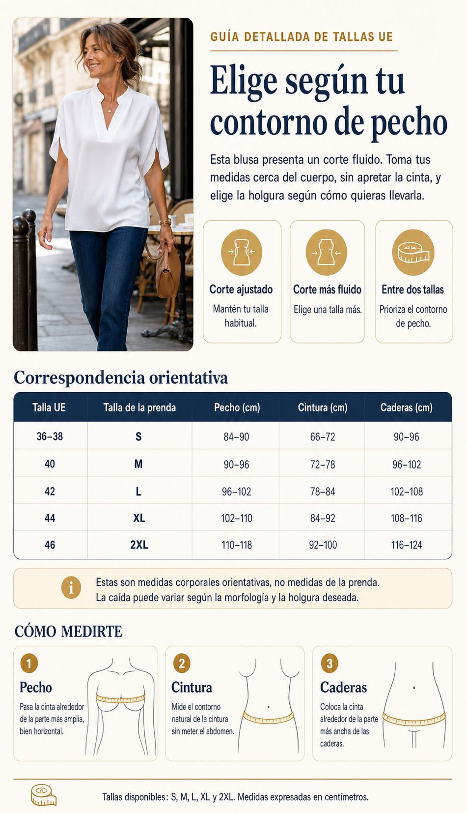 Guide détaillé des tailles européennes S à 2XL avec la blouse comme référence