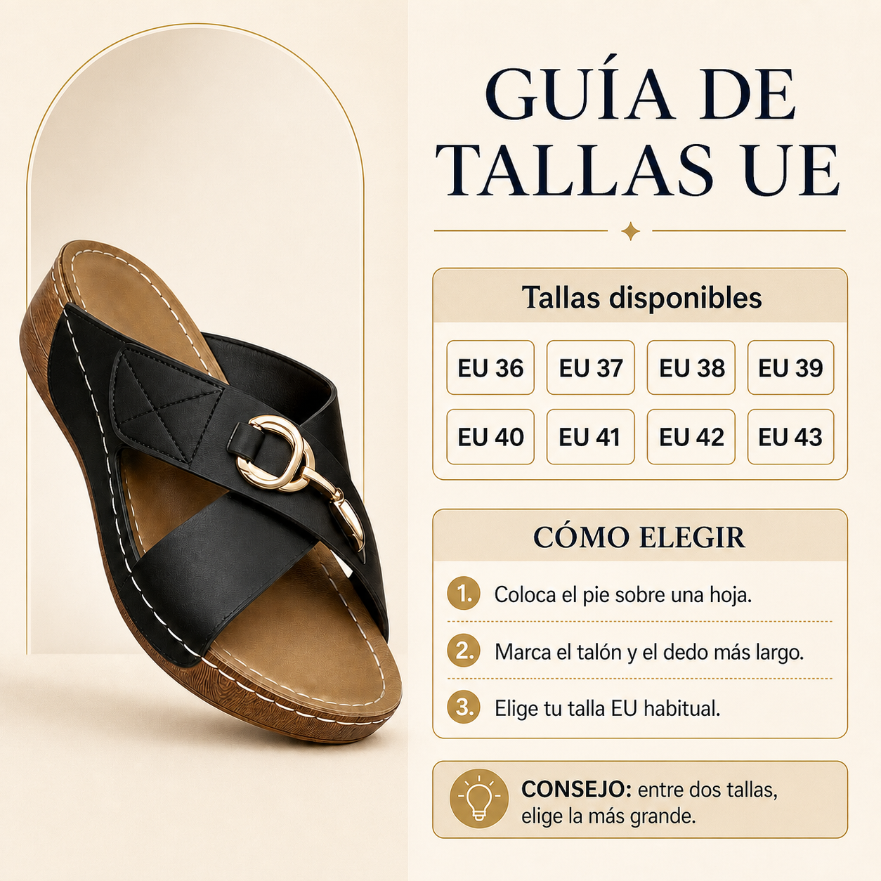 Guía de tallas EU 36 a 43 con los mules negros como referencia