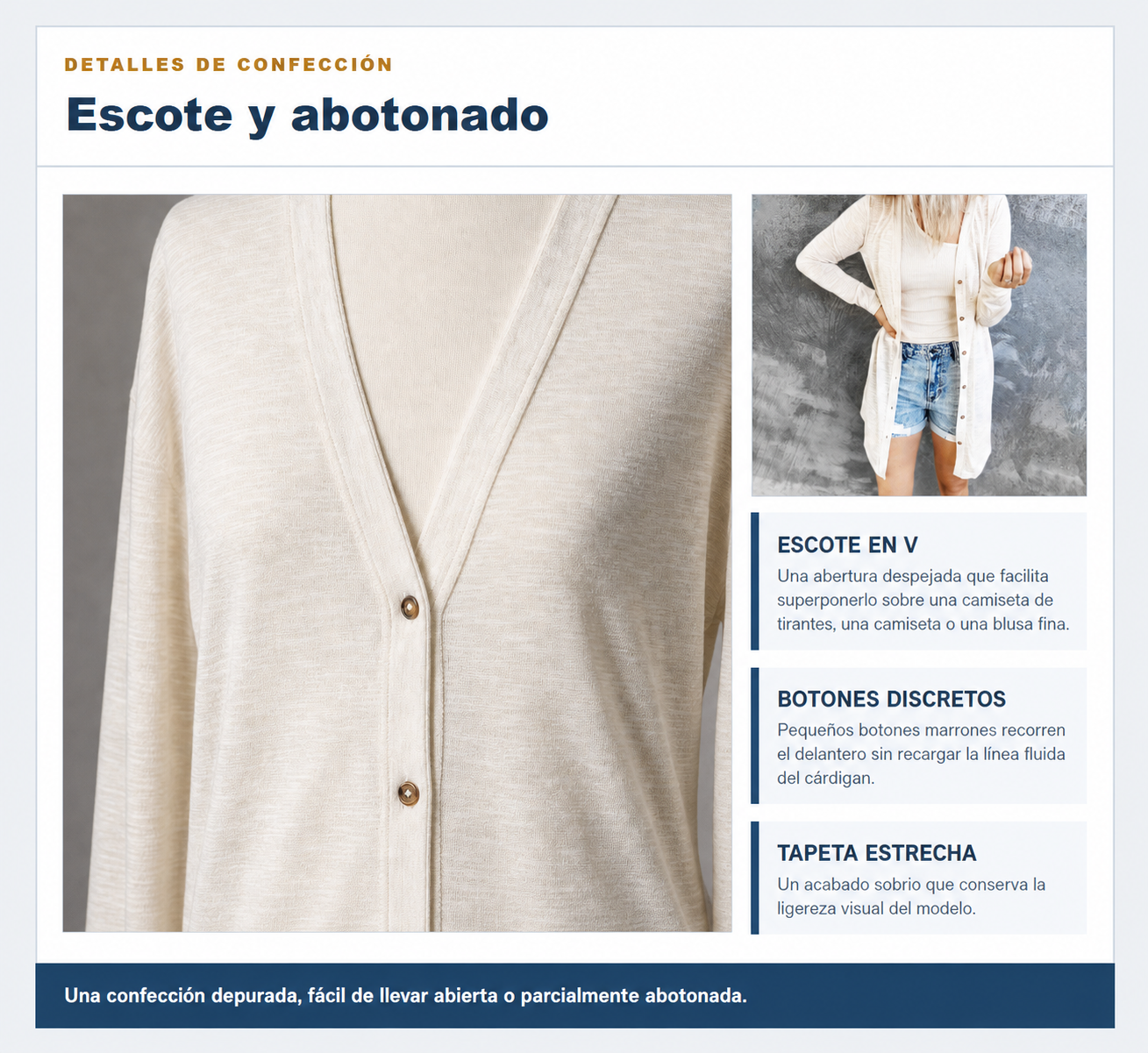 D&eacute;tails de l&rsquo;encolure et du boutonnage du cardigan