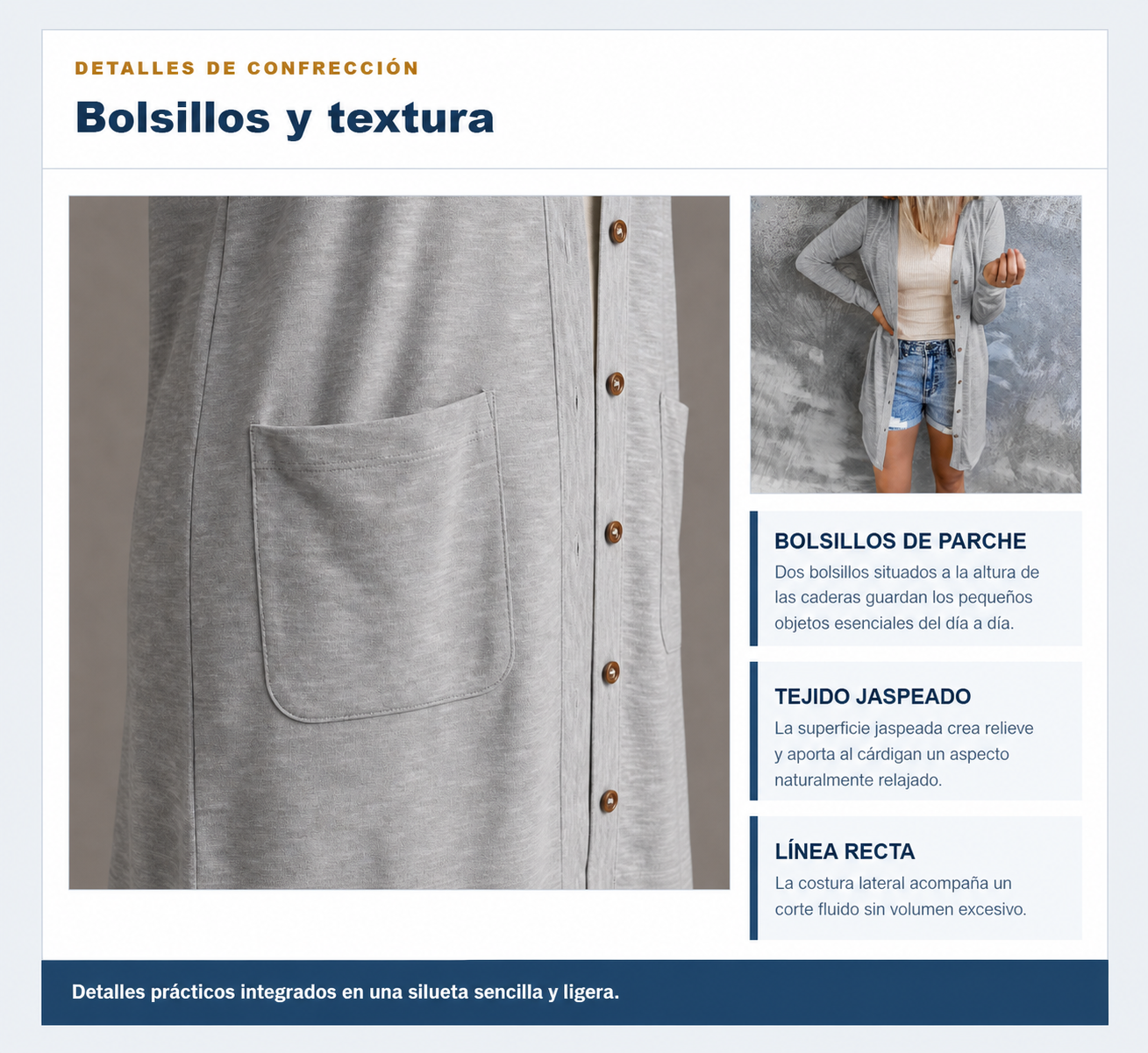 D&eacute;tails des poches et de la texture chin&eacute;e du cardigan