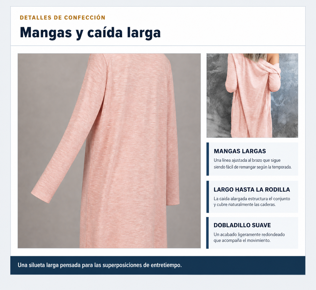 D&eacute;tails des manches et du tomb&eacute; long du cardigan