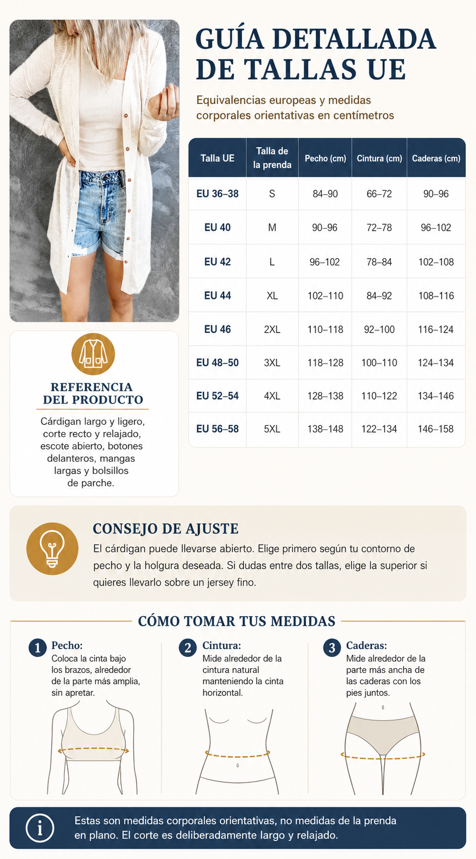 Guide d&eacute;taill&eacute; des tailles europ&eacute;ennes S &agrave; 5XL avec le cardigan comme r&eacute;f&eacute;rence