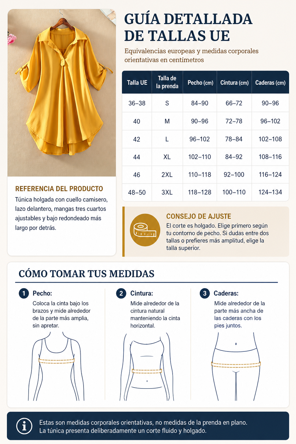 Guide détaillé des tailles européennes S à 3XL avec la tunique comme référence