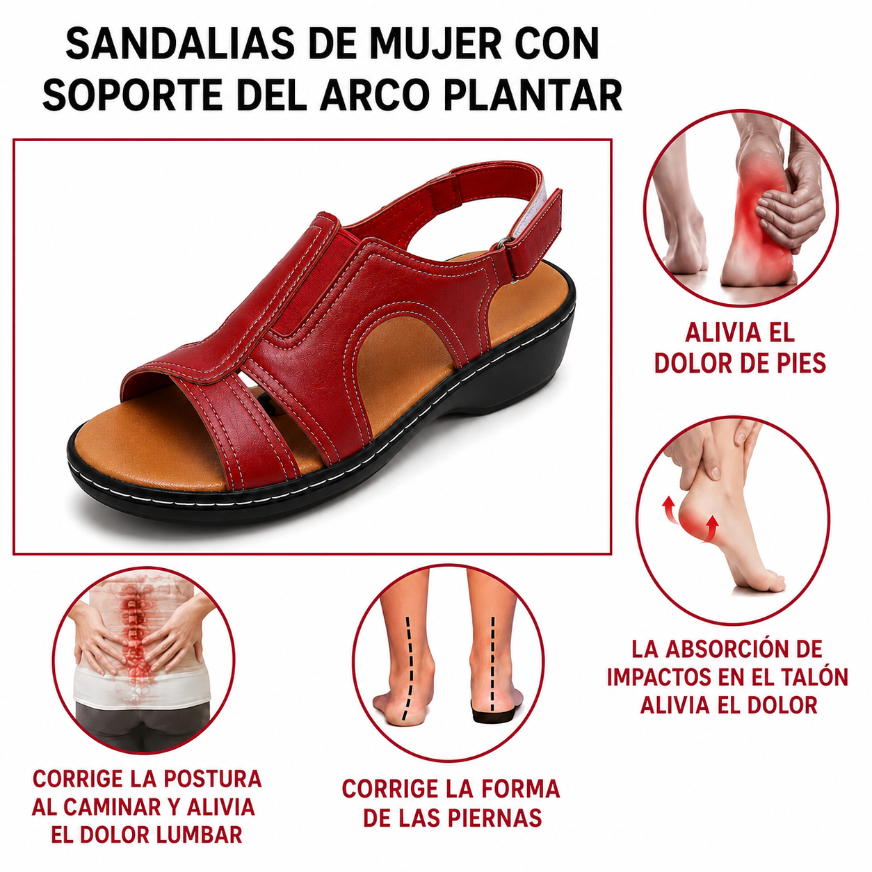 Sandalia roja con ilustraciones de soporte y postura