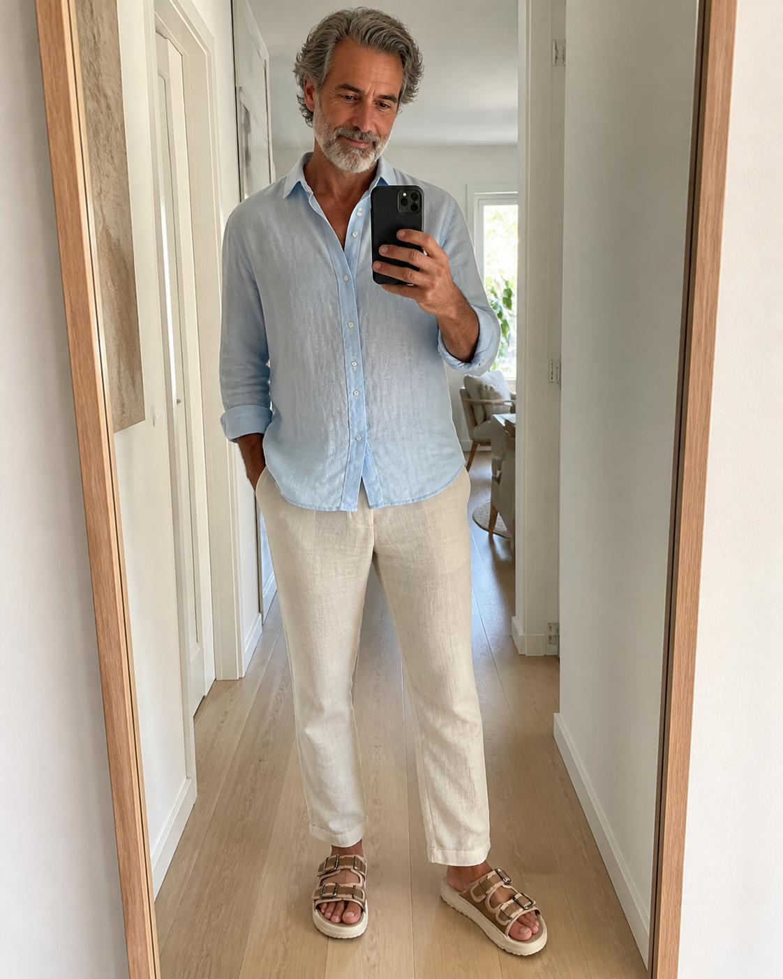 Hombre mostrando frente al espejo las sandalias topo y beige