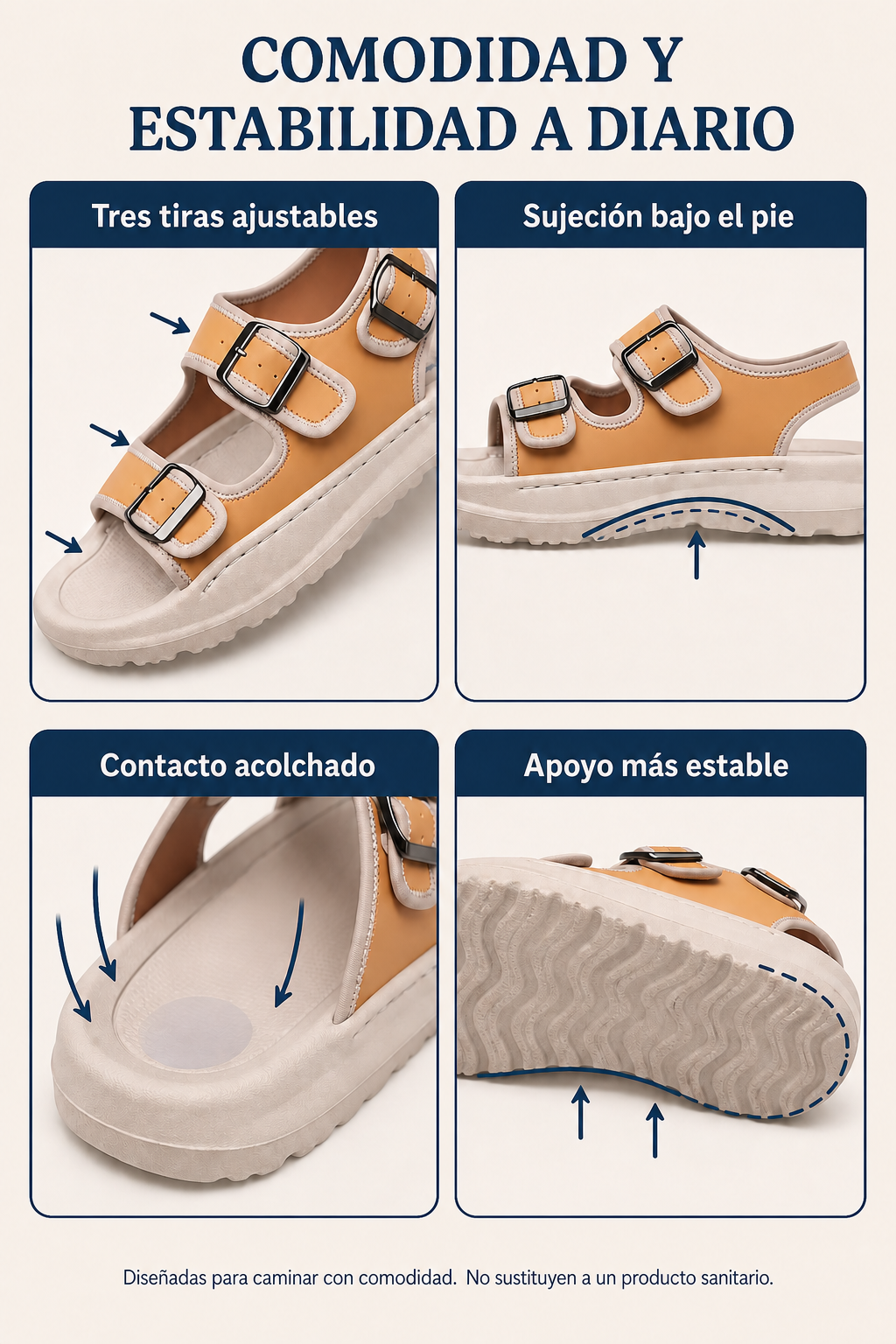 D&eacute;tails de confort et de stabilit&eacute; des sandales &agrave; trois brides