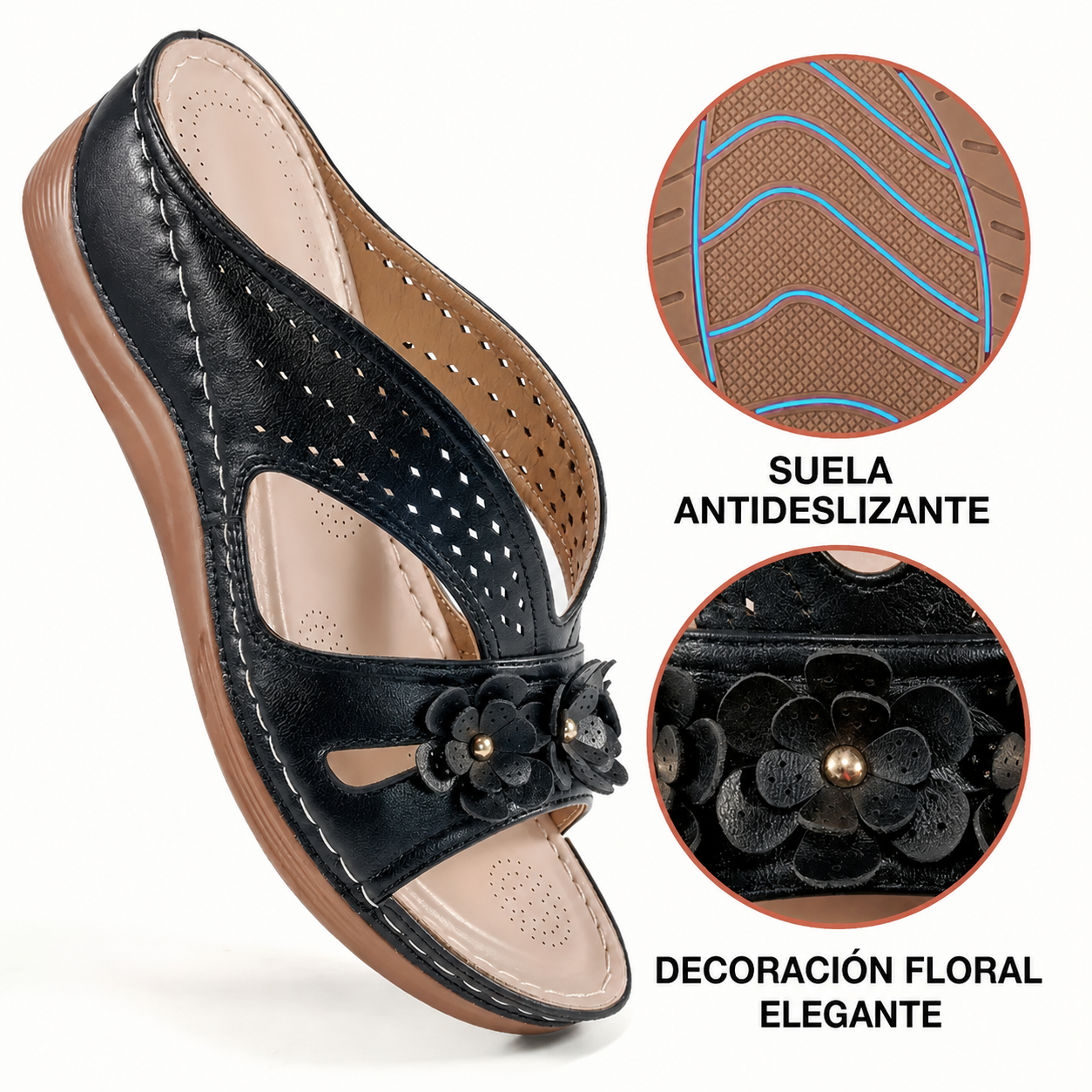 Suela antideslizante y decoración floral de la sandalia negra