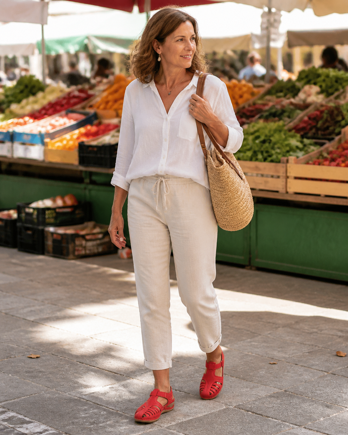 Mujer llevando las sandalias rojas en un mercado al aire libre