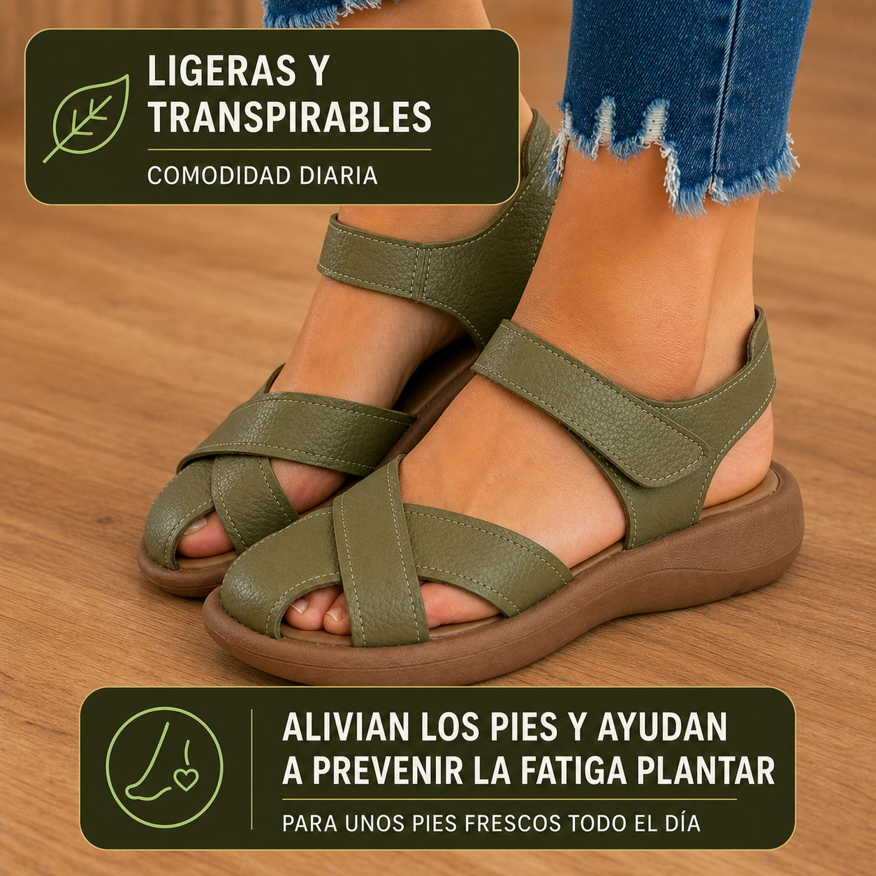 Sandalia verde ligera y transpirable en uso