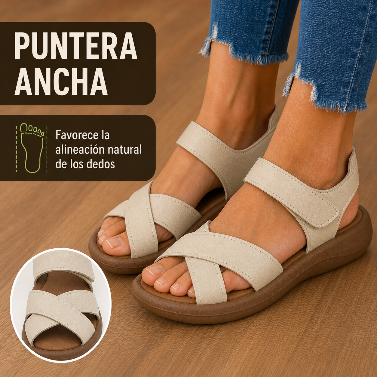 Sandalia albaricoque de puntera ancha en uso