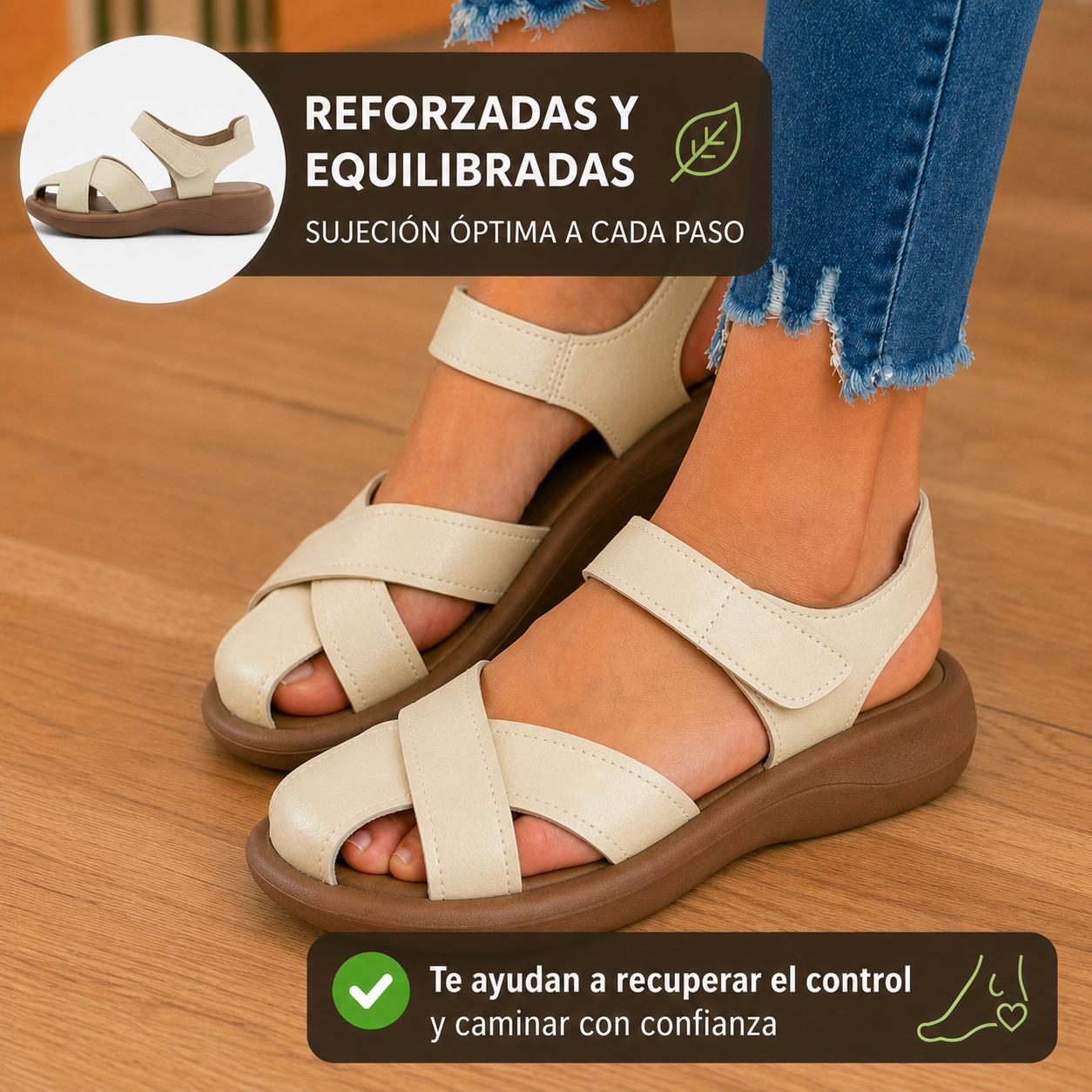 Sandalia crema reforzada y equilibrada en uso