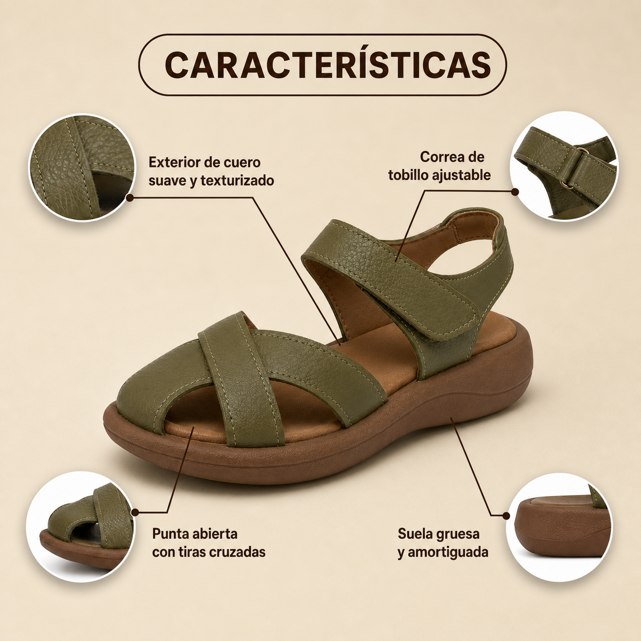 Características de la sandalia verde de tiras cruzadas