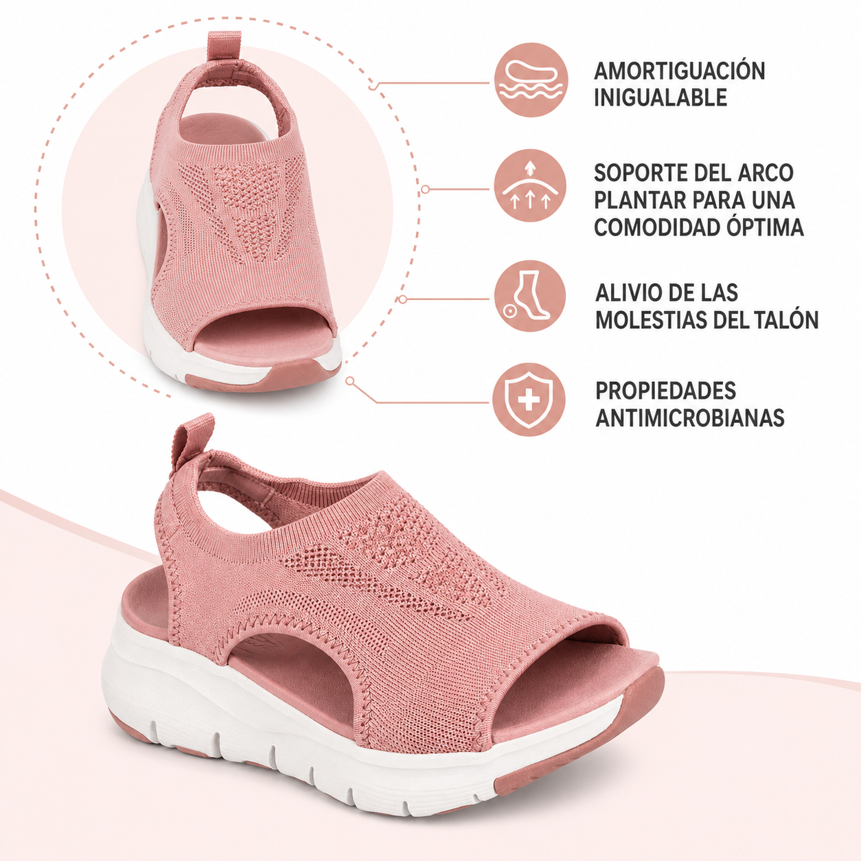 Características de comodidad de la sandalia rosa