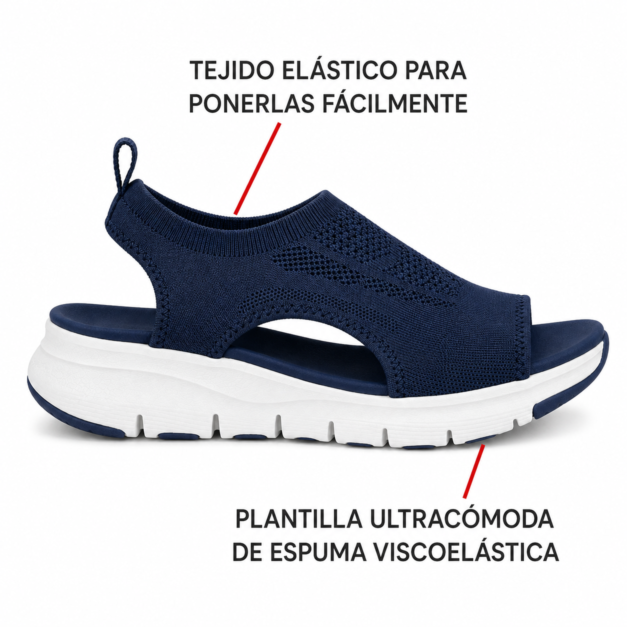 Tejido elástico y plantilla viscoelástica de la sandalia azul