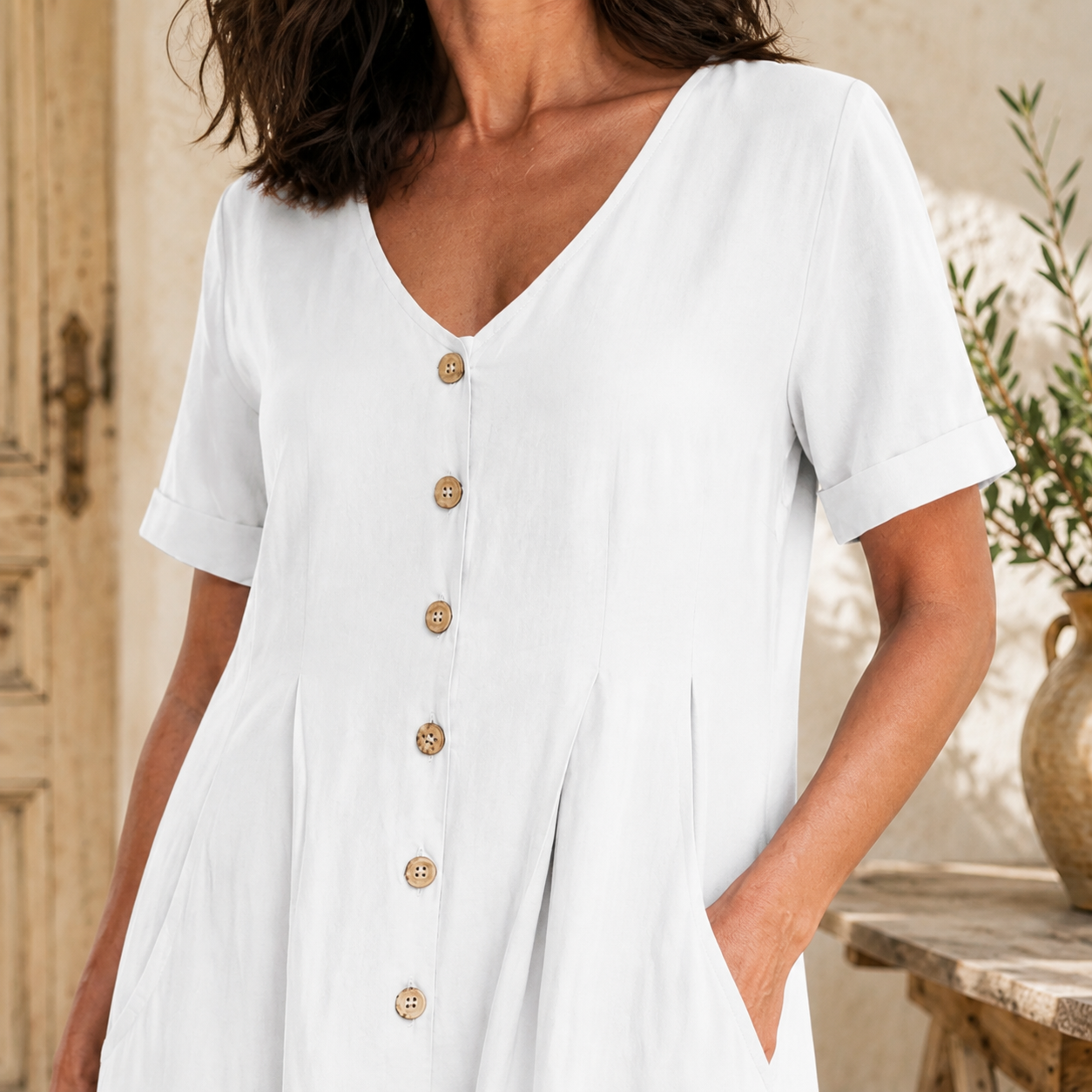 Detalle del vestido blanco con escote en V, botones y bolsillos