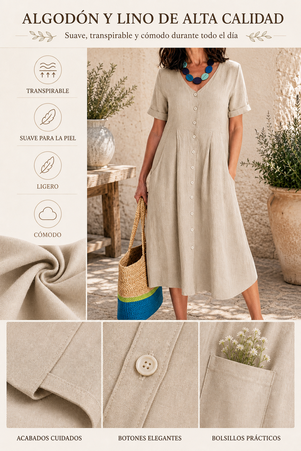 Tejido y acabados del vestido beige