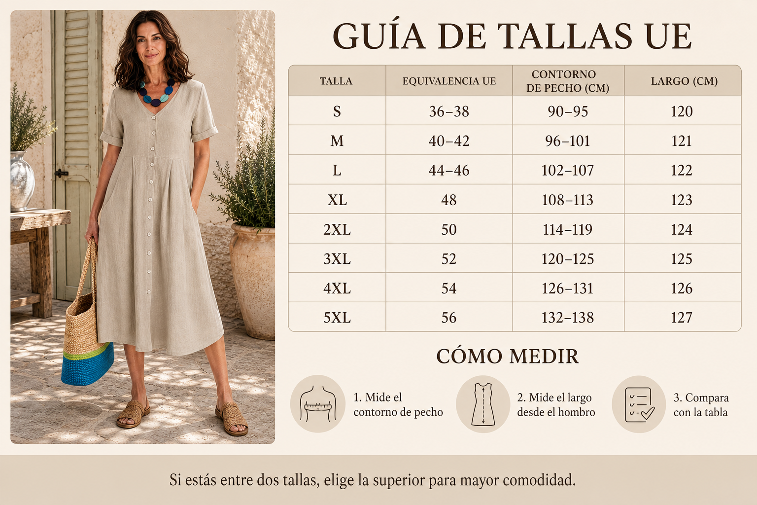Guía detallada de tallas UE S a 5XL con vestido beige
